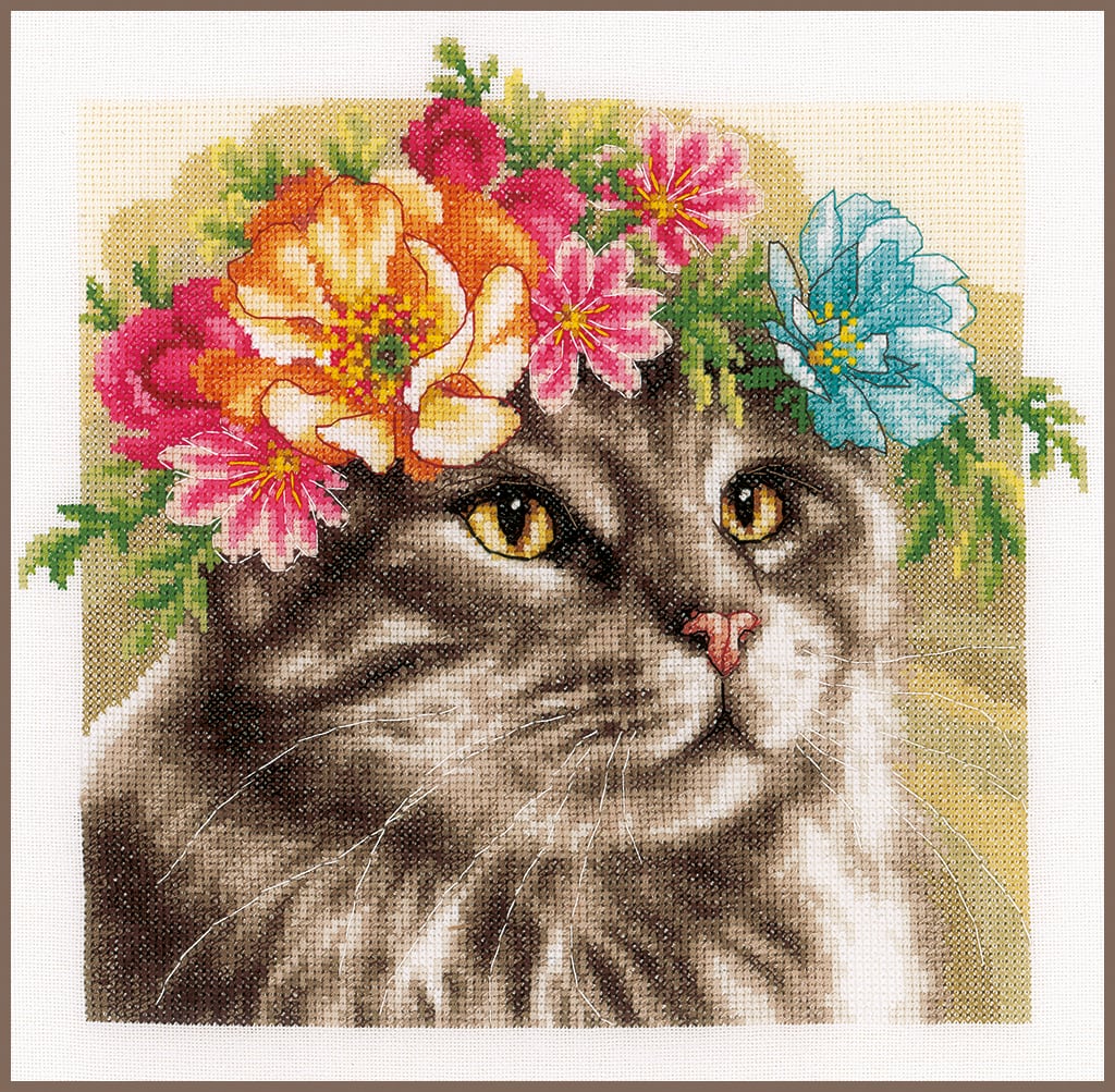Set da ricamo gattina con corona di fiori
